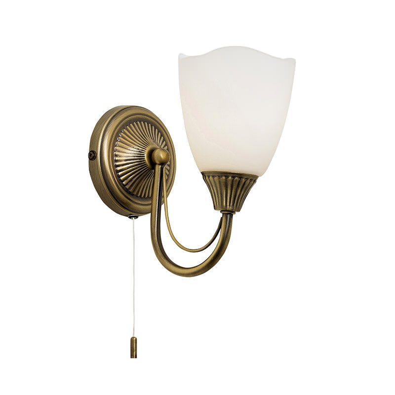 Wall Lights - Haughton - White Glass with Antique Brass Single Wall Lamp Endon-601-1AN - Haughton - White Glass with Antique Brass Single Wall Lamp