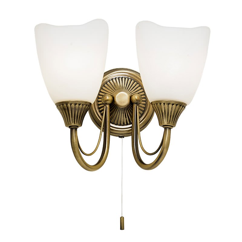 Wall Lights - Haughton - White Glass with Antique Brass Twin Wall Lamp Endon-601-2AN - Haughton - White Glass with Antique Brass Twin Wall Lamp