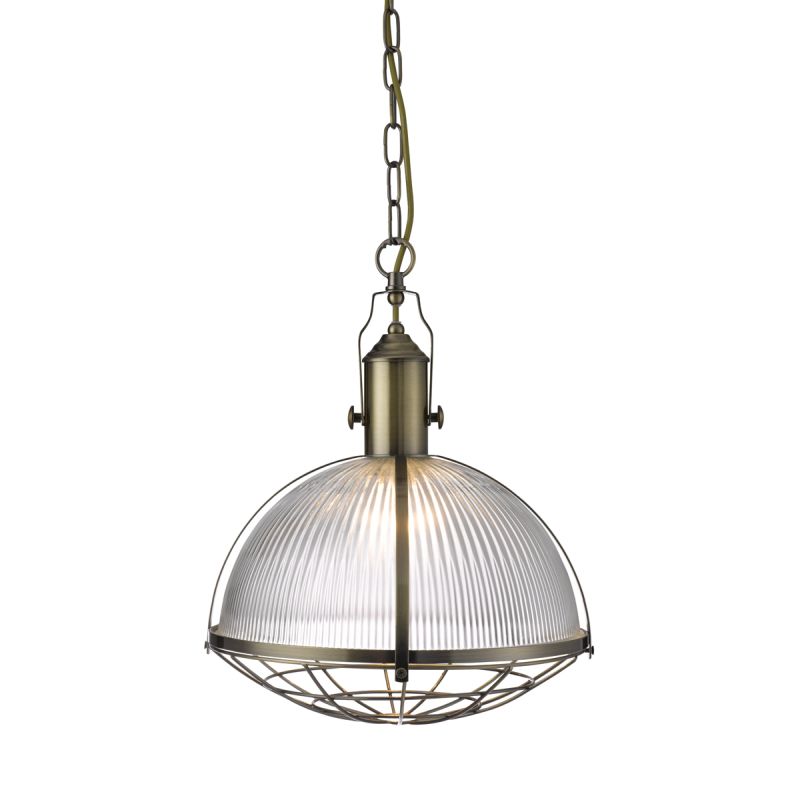 Searchlight-7601AB - Industrial - Clear Ribbed Glass with Antique Brass Single Pendant