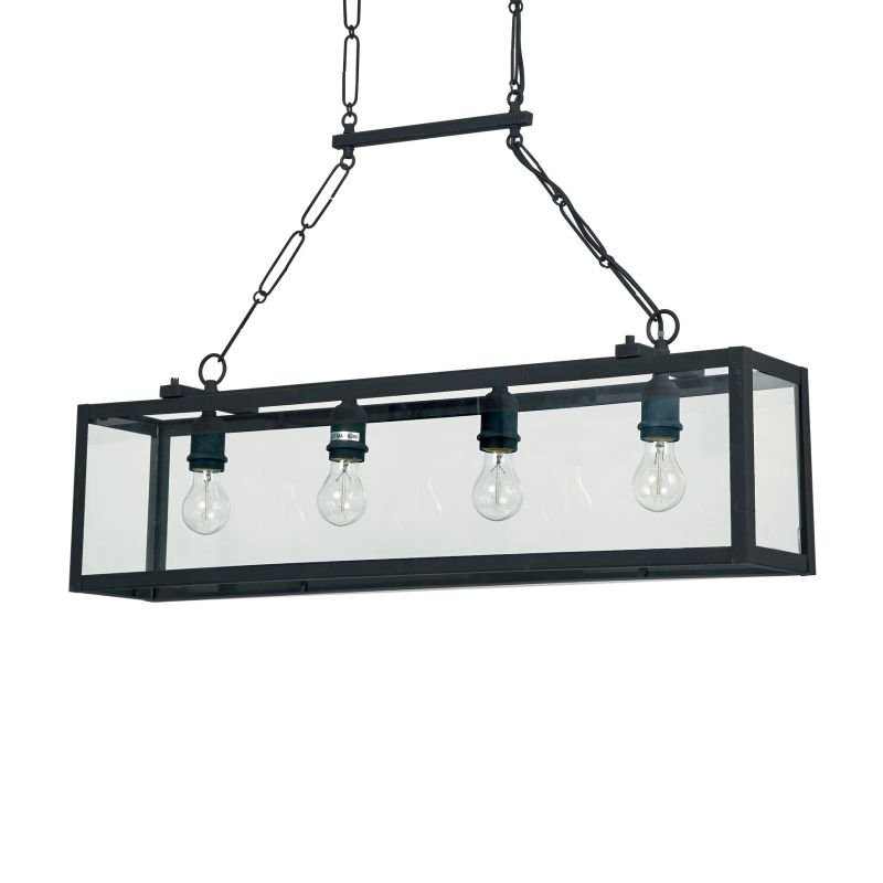 IdealLux-092942 - Igor - Black Metal Cage with Glass 4 Light over Island Fitting