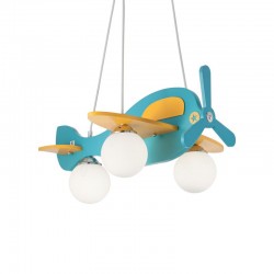 Avion - Kids Blue Airplane Wood 3 Light Pendant