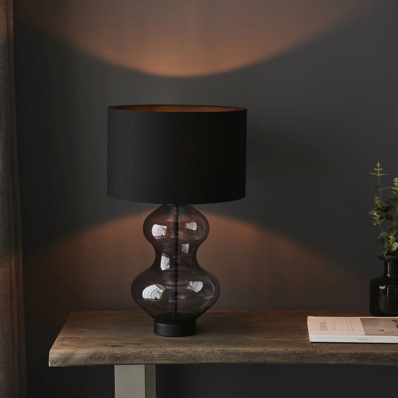 Endon-100454 - Kelda - Black & Smoked Tinted Glass Touch Table Lamp with Black Shade