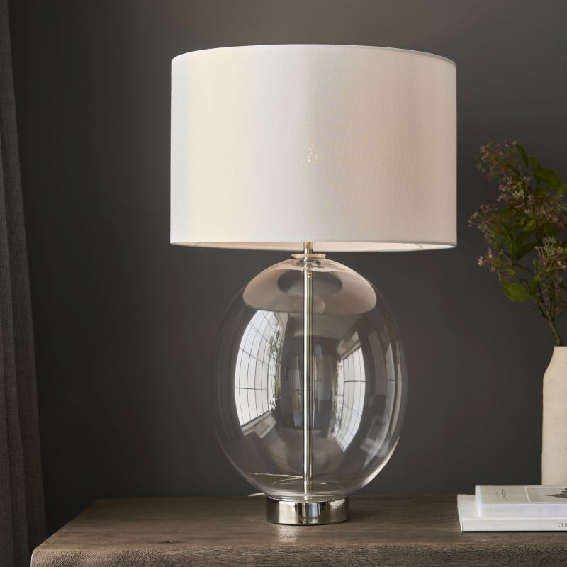 Endon-102675 - Kelda - Bright Nickel & Clear Glass Table Lamp with Vintage White Shade