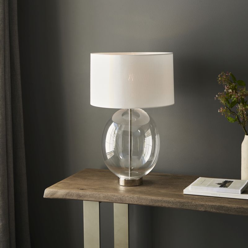 Endon-102675 - Kelda - Bright Nickel & Clear Glass Table Lamp with Vintage White Shade