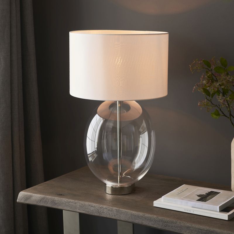 Endon-102675 - Kelda - Bright Nickel & Clear Glass Table Lamp with Vintage White Shade