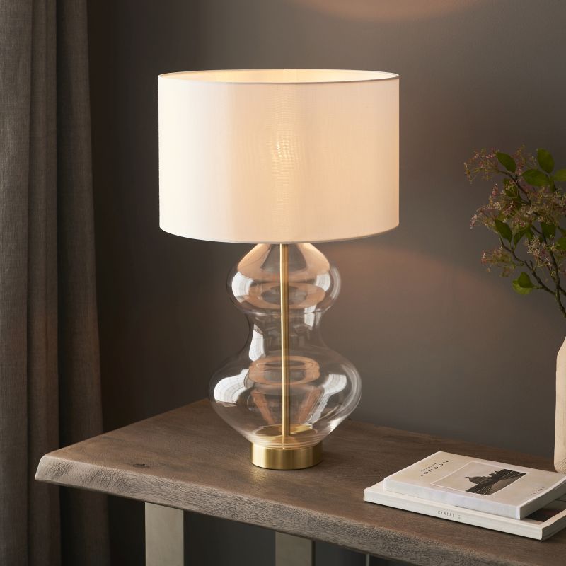 Endon-102676 - Kelda - Bright Nickel & Clear Glass Touch Table Lamp with Vintage White Shade