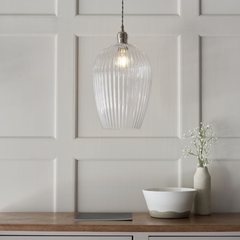 Ambience-71698 - Marinella - Bright Nickel Pendant with Clear Ribbed Glass