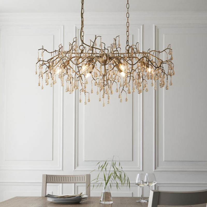 Ambience-71708 - Waterfall - Aged Gold 6 Light over Island Fitting with Amber Glass Teardrops