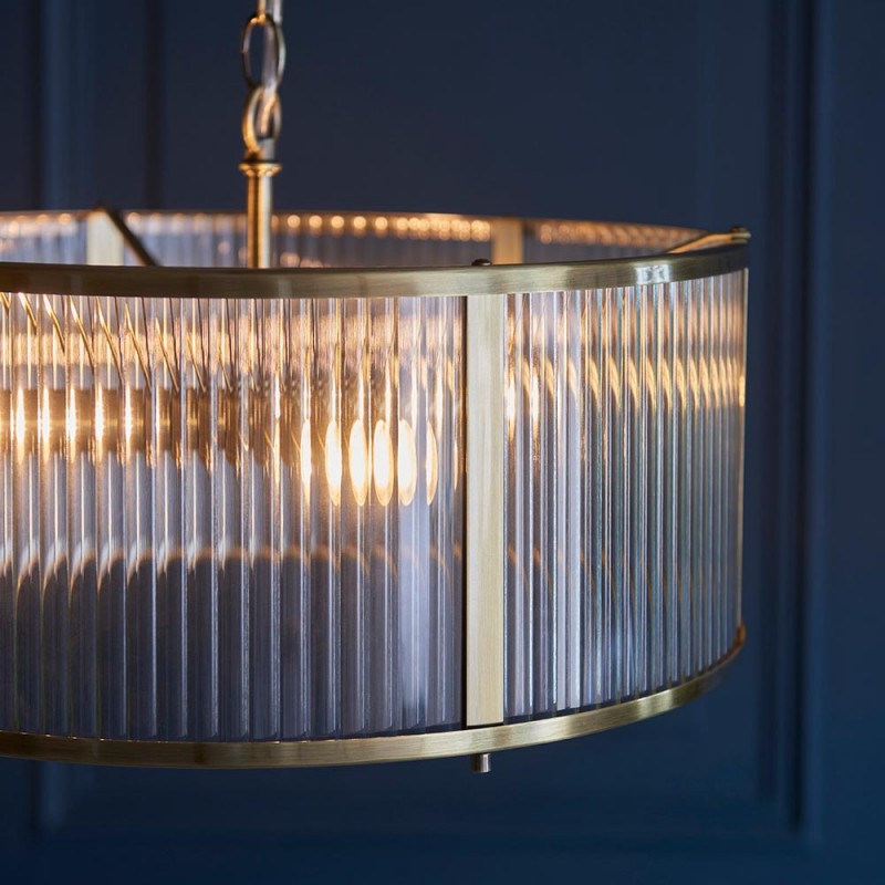 Endon-106282 - Ridgeton - Antique Brass 3 Light Pendant with Ribbed Glass