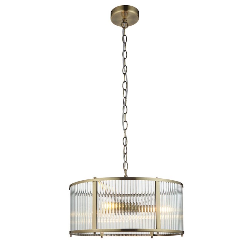 Endon-106282 - Ridgeton - Antique Brass 3 Light Pendant with Ribbed Glass