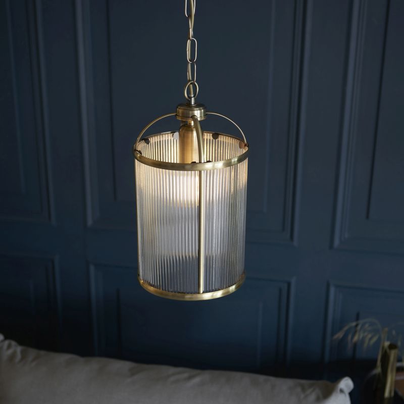 Endon-106710 - Lambeth - Antique Brass Lantern Pendant with Ribbed Glass