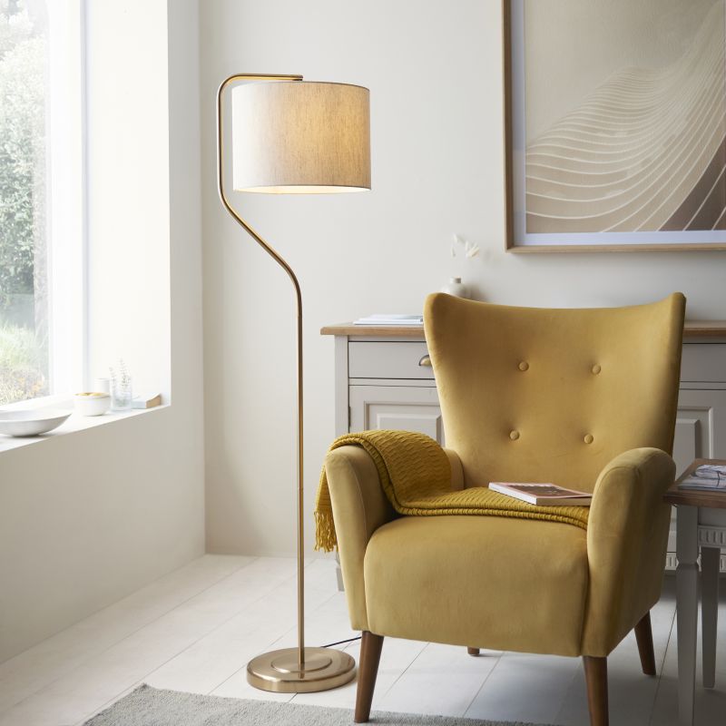 Endon-108022 - Clement - Brushed Aged Brass Floor Lamp with Natural Linen Shade