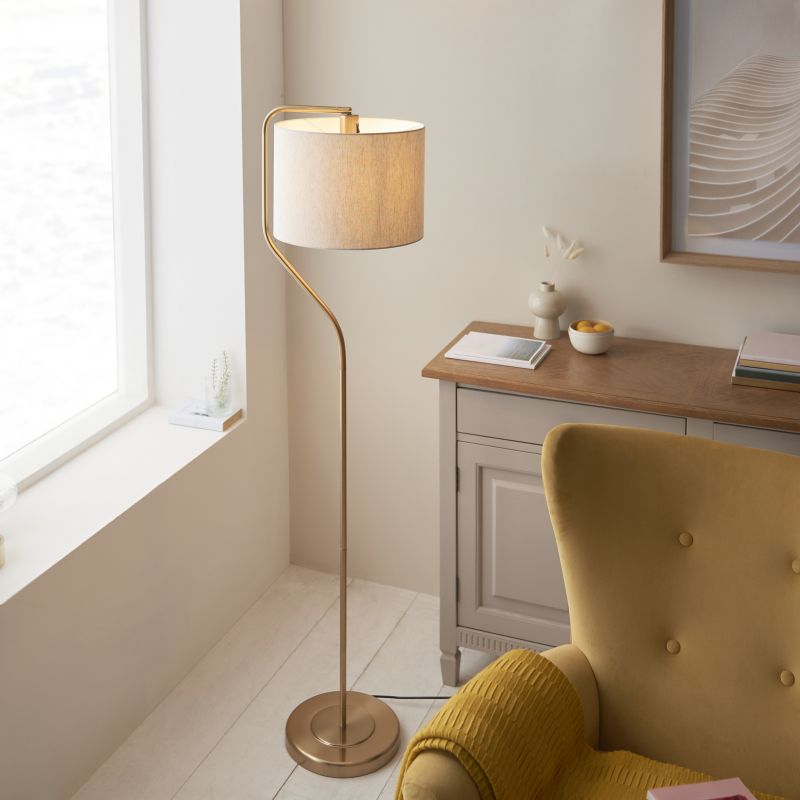 Endon-108022 - Clement - Brushed Aged Brass Floor Lamp with Natural Linen Shade