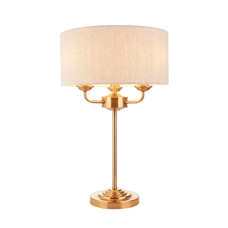 Endon-110721 - Highclere - Vintage Brass 3 Light Table Lamp with Natural Linen Shade