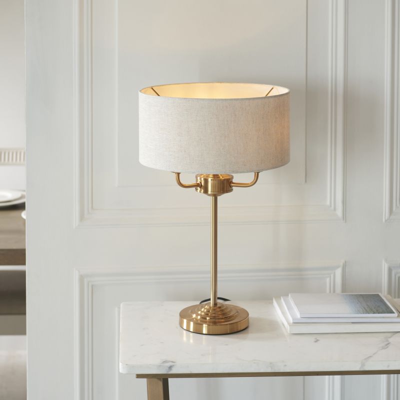 Endon-110721 - Highclere - Vintage Brass 3 Light Table Lamp with Natural Linen Shade