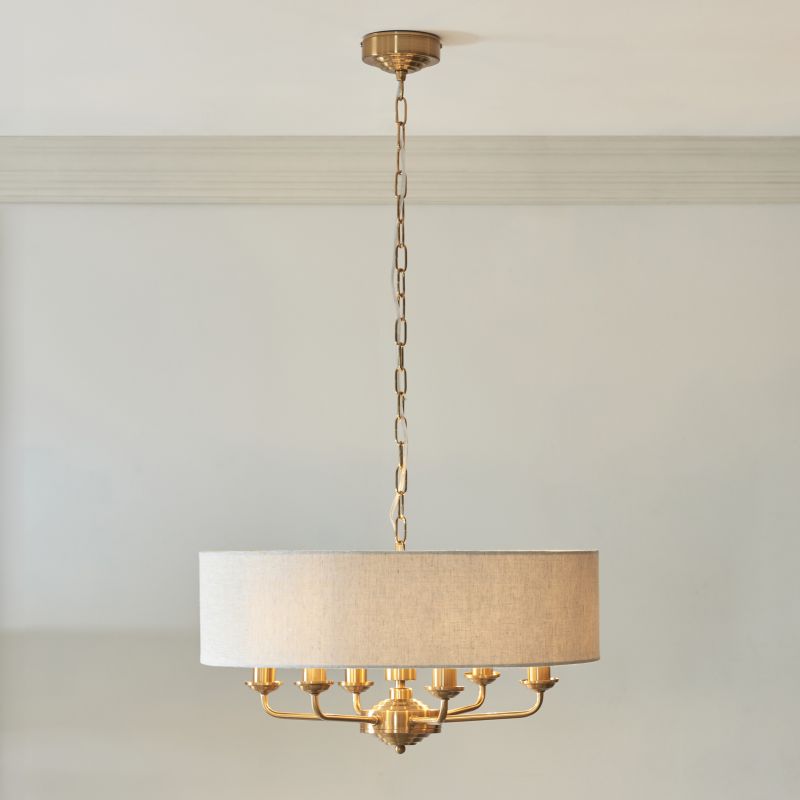 Endon-110722 - Highclere - Vintage Brass 6 Light Pendant with Natural Linen Shade