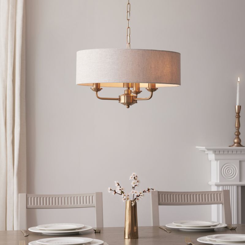 Endon-110723 - Highclere - Vintage Brass 3 Light Pendant with Natural Linen Shade