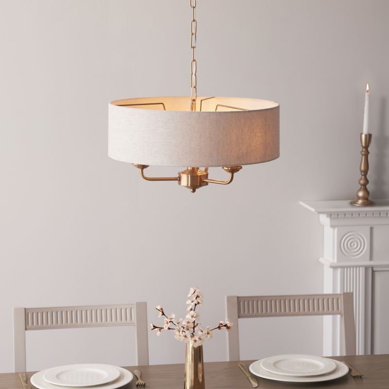 Endon-110723 - Highclere - Vintage Brass 3 Light Pendant with Natural Linen Shade