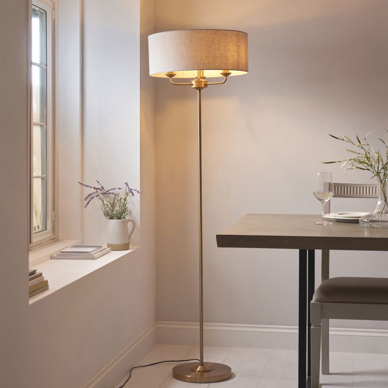 Endon-110724 - Highclere - Vintage Brass 3 Light Floor Lamp with Natural Linen Shade