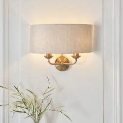 Highclere - Vintage Brass 2 Light Wall Lamp with Natural Linen Shade