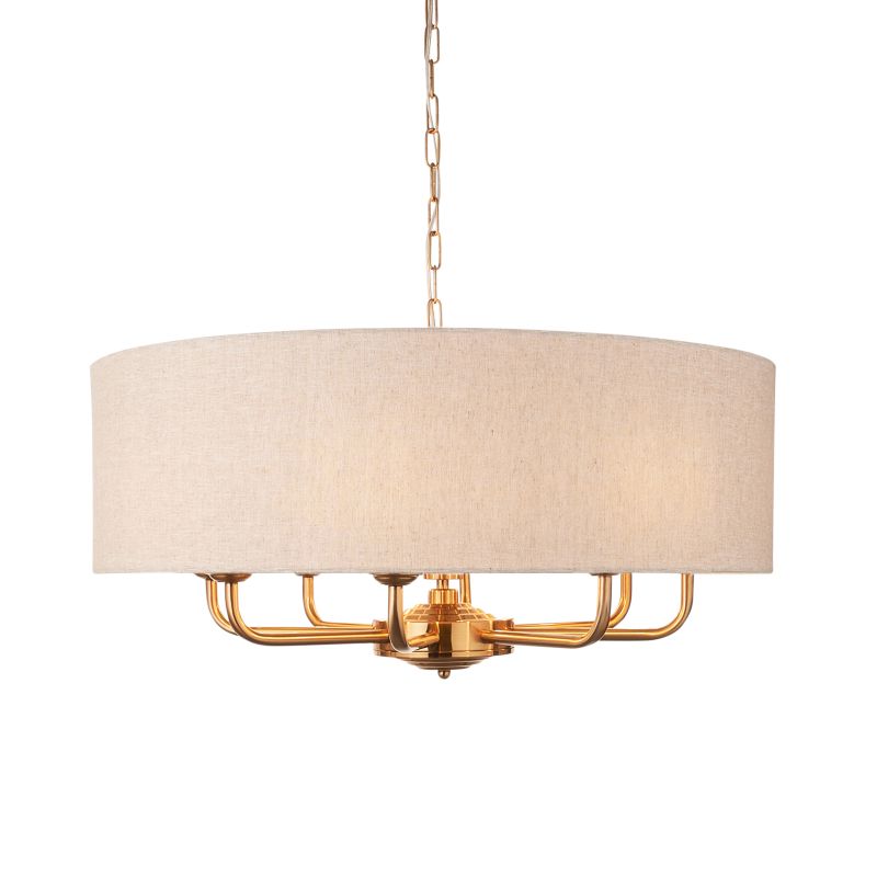 Endon-110727 - Highclere - Vintage Brass 8 Light Pendant with Natural Linen Shade