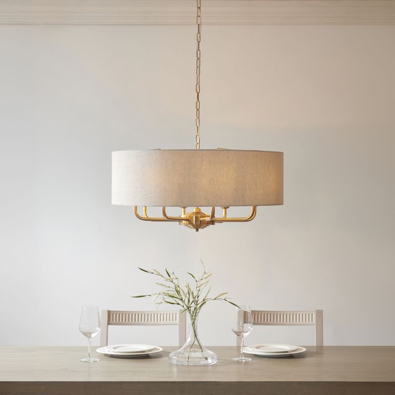 Endon-110727 - Highclere - Vintage Brass 8 Light Pendant with Natural Linen Shade