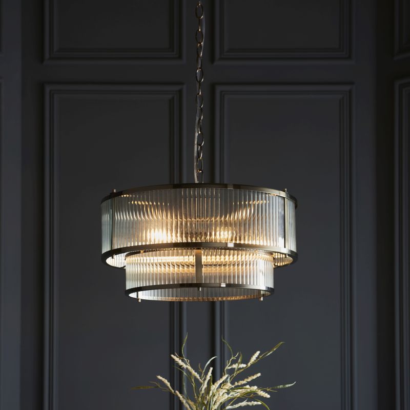 Endon-110944 - Ridgeton - Antique Brass 5 Light Pendant with Ribbed Glass