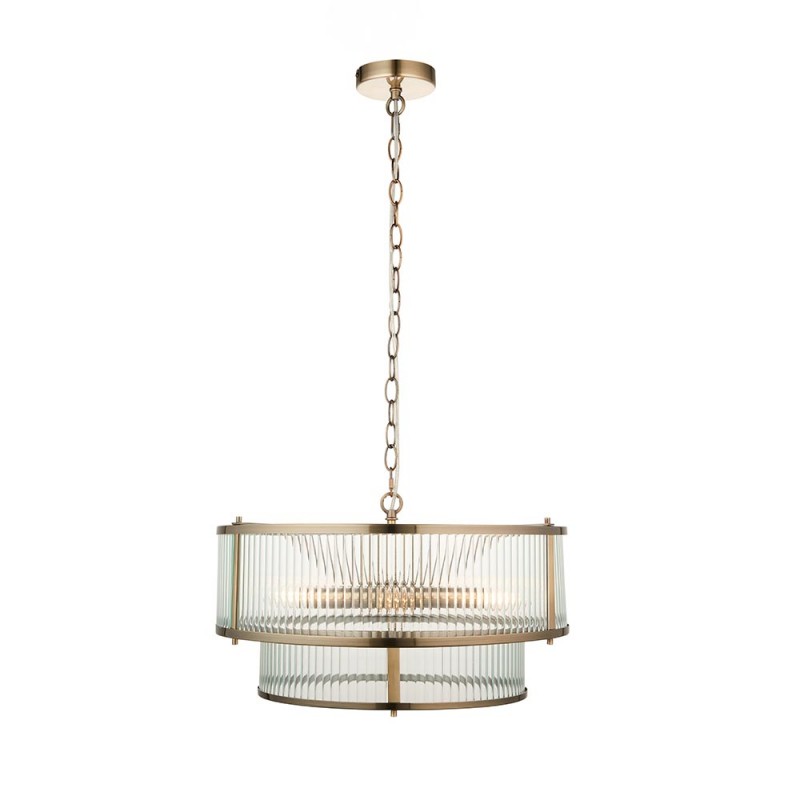 Endon-110944 - Ridgeton - Antique Brass 5 Light Pendant with Ribbed Glass