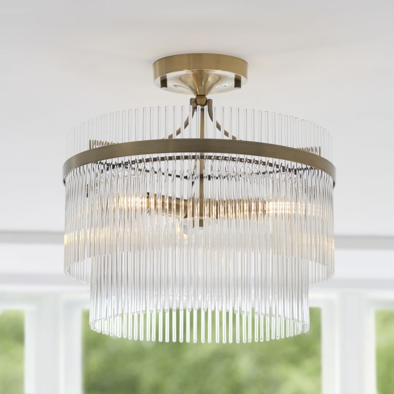 Endon-112575 - Marietta - Antique Brass 3 Light Semi Flush with Clear Glass Rods