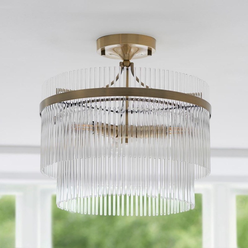 Endon-112575 - Marietta - Antique Brass 3 Light Semi Flush with Clear Glass Rods
