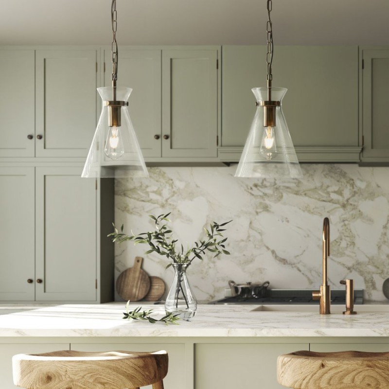 Endon-112859 - Harlow - Brushed Aged Brass Pendant with Clear Glass