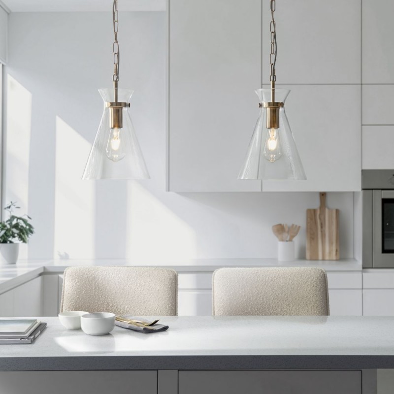 Endon-112859 - Harlow - Brushed Aged Brass Pendant with Clear Glass