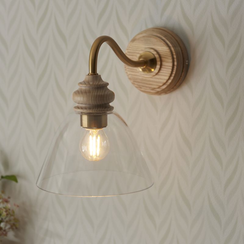 Endon-113371 - Cotswold - Wooden & Aged Brass Wall Lamp with Clear Glass