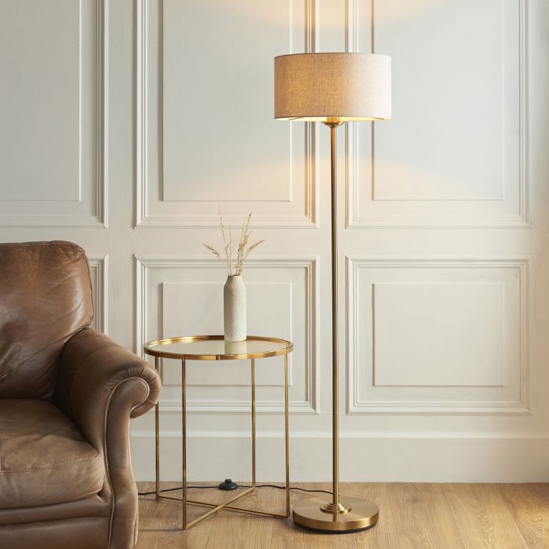 Endon-113461 - Highclere - Vintage Brass Floor Lamp with Natural Linen Shade