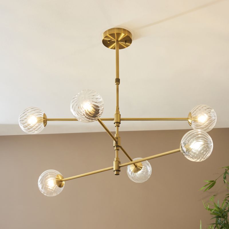 Ambience-114039 - Levisto - Brushed Aged Brass 6 Light Centre Fitting with Twisted Clear Glass