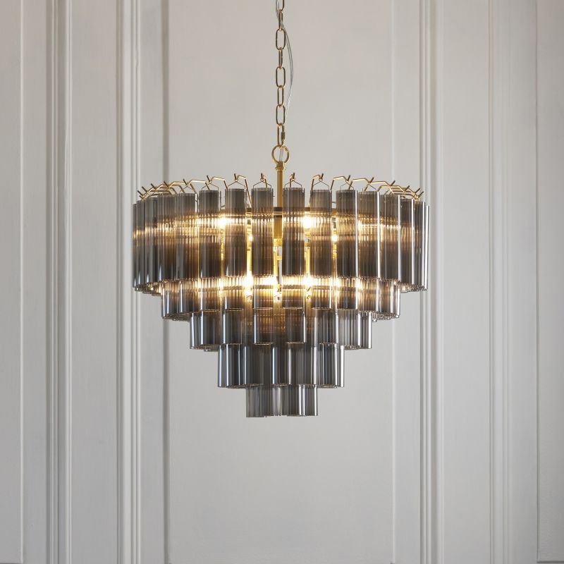 Endon-114197 - Toulouse - Satin Brass 12 Light Centre Fitting with Mirrored Smoked Ribbed Glasses