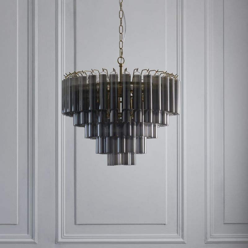 Endon-114197 - Toulouse - Satin Brass 12 Light Centre Fitting with Mirrored Smoked Ribbed Glasses