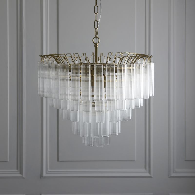 Endon-114199 - Toulouse - Brushed Gold 12 Light Centre Fitting with Clear Ribbed Glasses