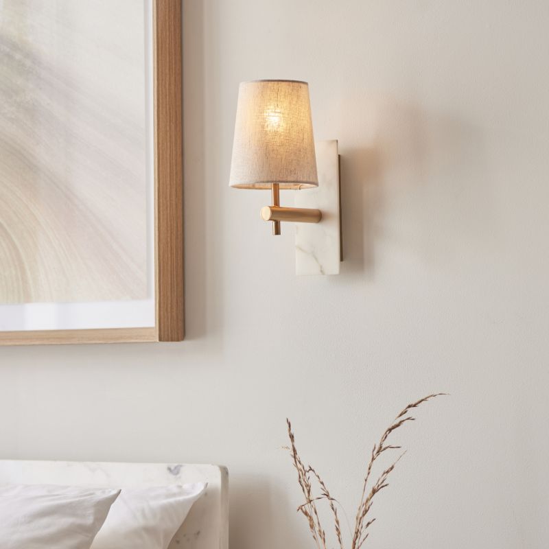 Ambience-114200 - Naomi - Vintage Brass & White Marble Wall Lamp with Linen Shade