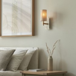 Naomi - Vintage Brass & White Marble Wall Lamp with Linen Shade Naomi - Vintage Brass & White Marble Wall Lamp with Linen Shade