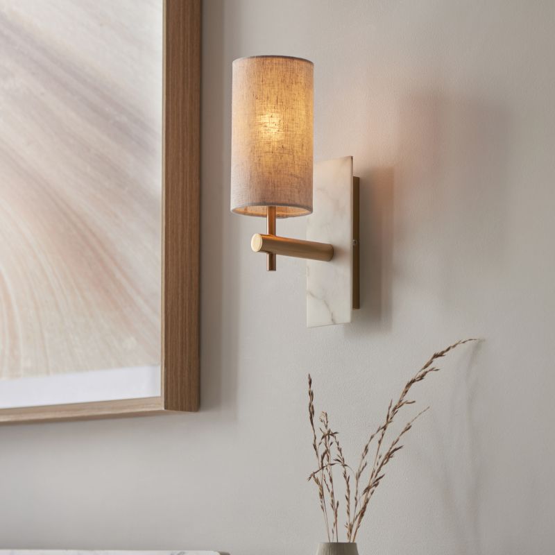 Ambience-114201 - Naomi - Vintage Brass & White Marble Wall Lamp with Linen Shade