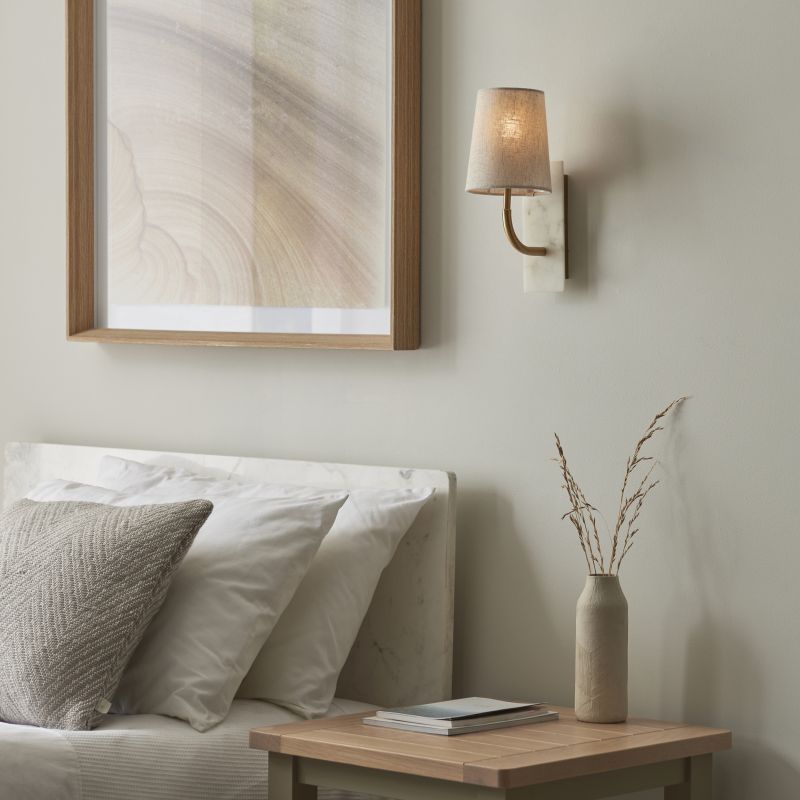 Ambience-114202 - Naomi - Vintage Brass & White Marble Wall Lamp with Linen Shade