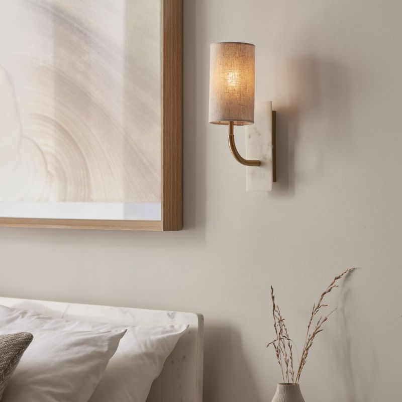 Ambience-114203 - Naomi - Vintage Brass & White Marble Wall Lamp with Linen Shade