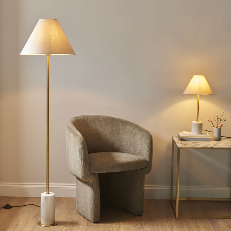 Ambience-114209 - Marble - Brushed Aged Brass & White Marble Floor Lamp with Natural Linen Shade