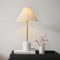 Marble - Brushed Aged Brass & White Marble Table Lamp with Natural Linen Shade Marble - Brushed Aged Brass & White Marble Table Lamp with Natural Linen Shade