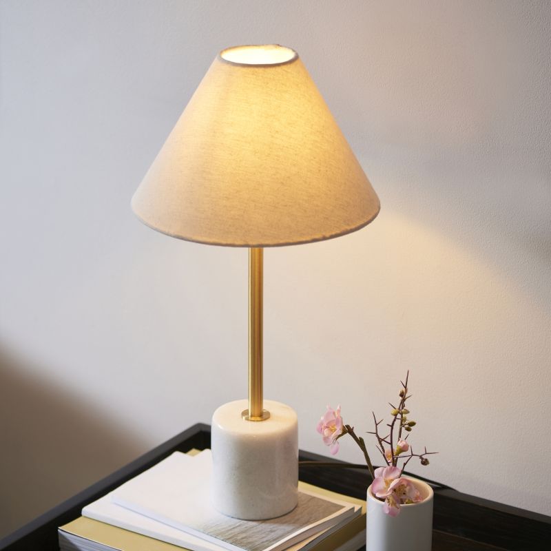 Ambience-114211 - Marble - Brushed Aged Brass & White Marble Table Lamp with Natural Linen Shade