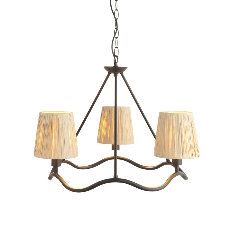 Endon-114212 - Wriggle - Black 3 Light Centre Fitting with Natural Raffia Tapered Shades