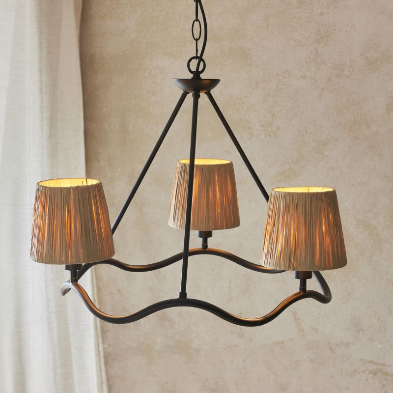 Endon-114212 - Wriggle - Black 3 Light Centre Fitting with Natural Raffia Tapered Shades