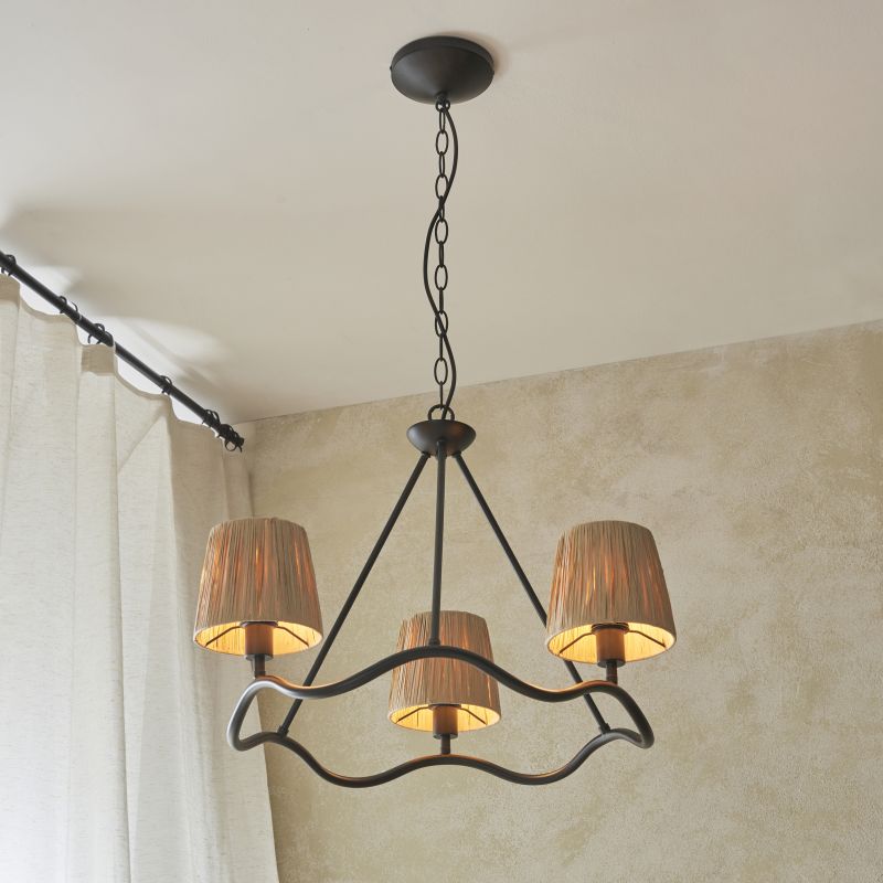 Endon-114212 - Wriggle - Black 3 Light Centre Fitting with Natural Raffia Tapered Shades