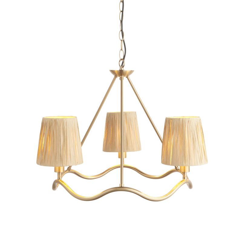 Endon-114213 - Wriggle - Brushed Aged Brass 3 Light Centre Fitting with Natural Raffia Tapered Shades